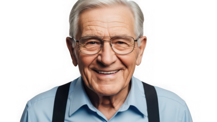 A close-up portrait of a cheerful elderly man with glasses smiling brightly isolated on transparent background