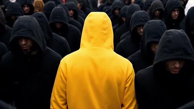 A single individual in a bright yellow hoodie stands prominently against a dense crowd of conforming people wearing dark black hooded sweatshirts illustrating uniqueness and rebellion