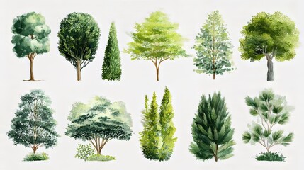 Fototapeta premium Watercolor illustrations of diverse tree species with green foliage and natural shapes for botanical, landscape, and artistic design projects