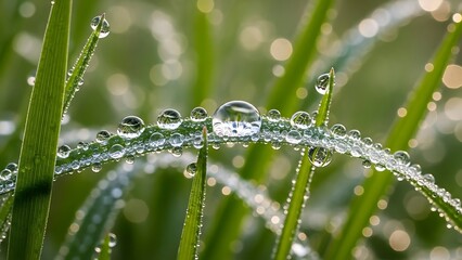 Macro close-up of fresh morning dew drops glistening on green grass blades in a spring meadow