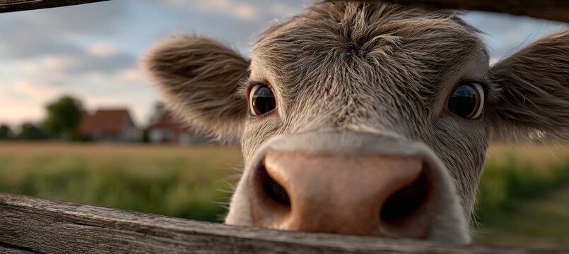 Inquisitive Simmental Young Cow Gazing Over Idyllic Countryside Landscape by Wooden Fence Close Up