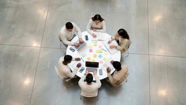 Top view of a diverse team collaborating at a round table. Group of colleagues brainstorming with laptops and sticky notes. Business meeting and teamwork concept