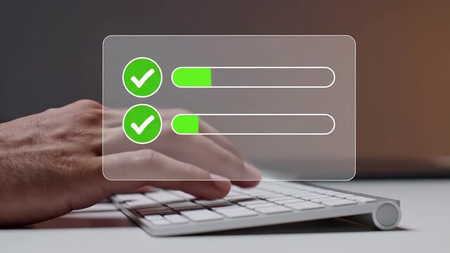 Professional working on keyboard with digital progress bars and checkmarks overlay. Task completion tracking interface displays workflow status, productivity metrics, and project milestone achievement
