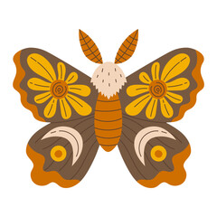 Mystic Forest Moth Vector. Whimsical night insect illustration with celestial details, cozy fairy aesthetic, playful hand drawn flat style for magical nature designs