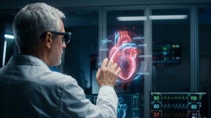 Senior doctor analyzing a 3D heart hologram with augmented reality glasses. Futuristic medical technology in a high-tech laboratory. Cardiology concept - Powered by Adobe