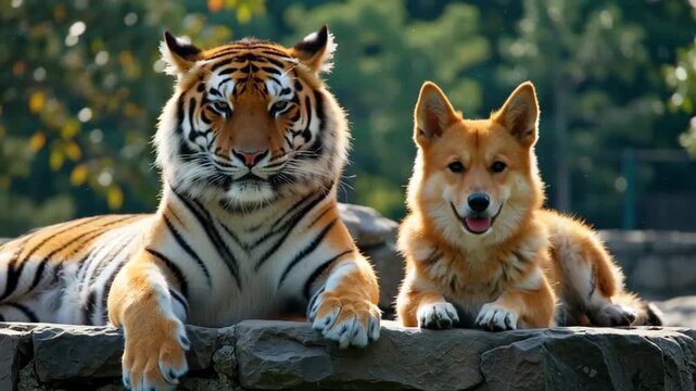 A tiger and a corgi lying side by side on a stone ledge under a sunny sky with green trees in the background
