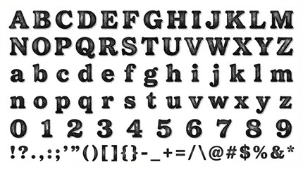font alphabet in halftone grunge style from a to z numbers punctuation isolated on white background