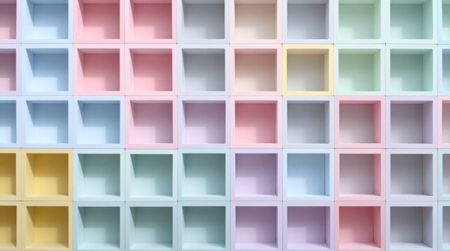 Colorful grid of pastel and muted tone books or boxes arranged in neat rows and columns, creating a harmonious visual pattern