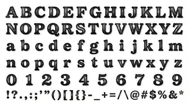 font alphabet in halftone grunge style from a to z numbers punctuation isolated on white background