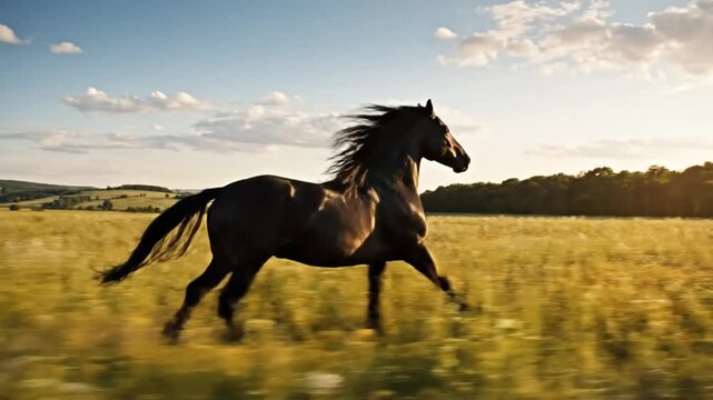 Graceful black stallion gallops across a vibrant field of tall grass towards a bright sunset under a partly cloudy sky