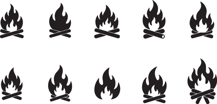 Set of Black Campfire Icons with Wood Logs Vector Illustration