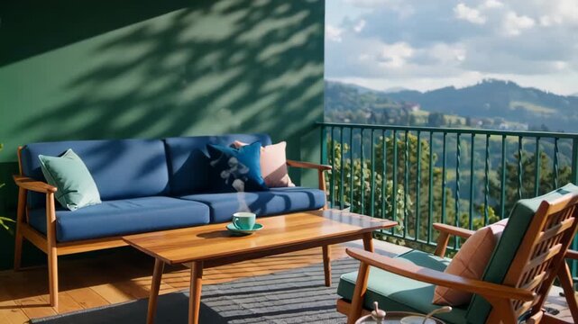Cozy outdoor lounge setting with green walls, wooden furniture, and cup of tea overlooking a lush landscape