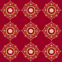 Illustration seamless background with gold jewelry brooches with ornaments and rubies
