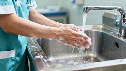 Person washing hands in medical setting