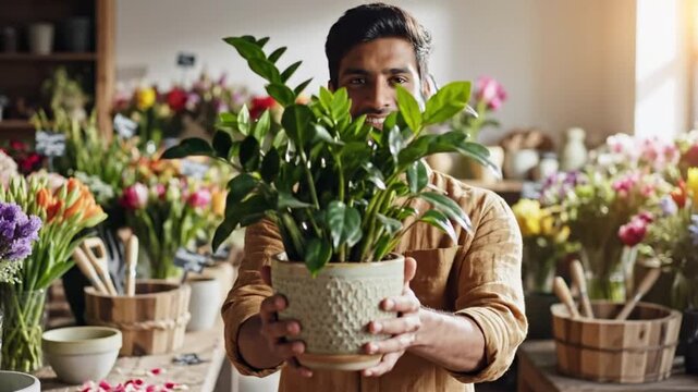 Smiling man holding a potted houseplant in a bright flower shop with vibrant bouquets
