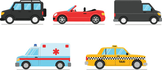 Set of Flat Design Icons Representing Various Types of Motor Vehicles: SUV, Convertible Car, Delivery Van, Ambulance, and Yellow Taxi Cab.