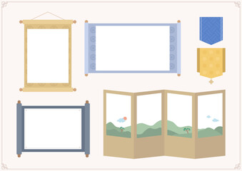Vector illustrations of traditional Korean scrolls and folding screens.