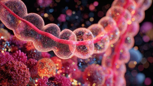 Translucent intestine with radiant swirling spheres. dynamic microbial activity, nutrient flow, digestive motion, and balanced internal ecosystems