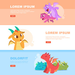 Dragons. banners with cartoon dragon kids in action poses. vector template with place for text