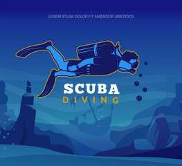 Scuba diving. poster with underwater diver swimming in flippers. identity logo for diving club © ONYXprj