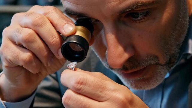 Close-up of a man inspecting a diamond ring with a loupe, showcasing craftsmanship and precision in jewelry assessment