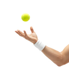 Hand in white wrist band throws a tennis ball floating in mid-air isolated on clean white background