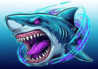 Angry cartoon shark vector illustration with open mouth and sharp teeth