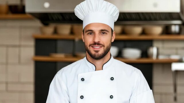 Smiling chef portrait white uniform and toque professional kitchen raising hands, friendly