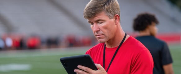 The focused coach examines detailed player statistics on a tablet during intense practice.