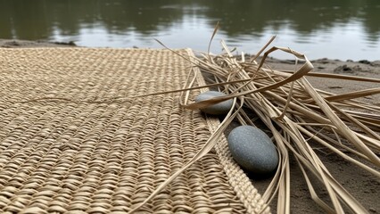 A woven mat and dried grass rest on a beach near water with two gray stones nestled amongst the grass