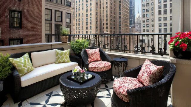 Elegant rooftop patio seating with wicker sofa chair cushion floral patterns city skyline view