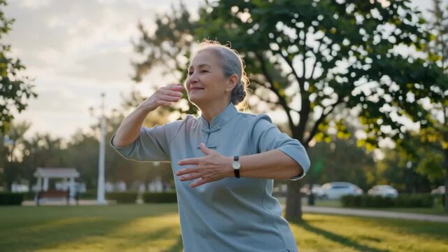 Elderly woman practicing tai chi outdoors in a park during golden hour, surrounded by greenery