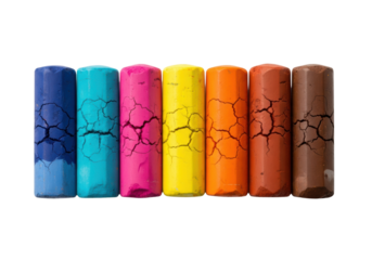 Seven colorful, highly textured and cracked oil pastel sticks aligned horizontally on a transparent background, captured in photorealistic macro detail. Concept of art education and history