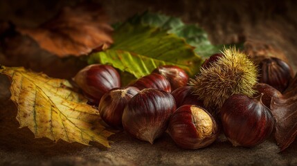 Rustic autumn composition featuring glossy brown chestnuts, spiky burrs, and colorful fall leaves on earthy background