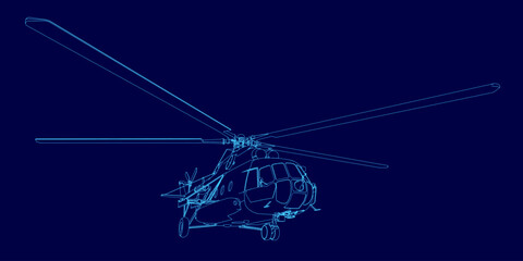 Detailed blueprint of a military helicopter contour on a solid blue background. The technical drawing clearly shows the main rotor, tail, and cockpit structure for design or presentation use.