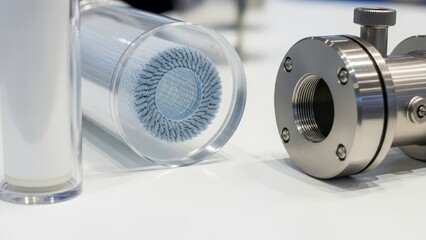 Closeup of industrial filtration components including a clear housing with blue filtration media and a metallic valve or fitting
