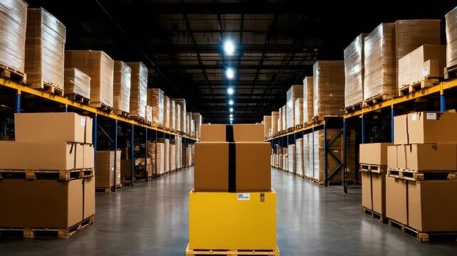 Large packed cardboard box pallet illuminated warehouse aisle shelving storage, spacious stacked