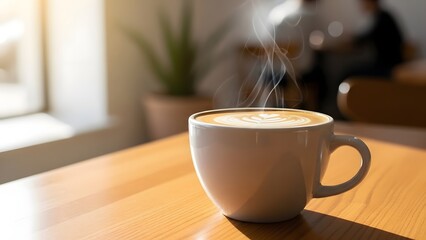 Warm Close-up of Coffee Cup on Minimalist Wooden Table in Cozy Cafe with Natural Light