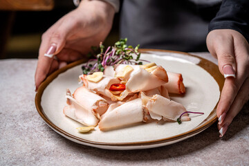 Traditional Pork Fat Slices Served On Plate
