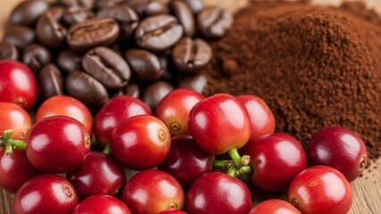 Coffee beans red berries and ground coffee are arranged on a wooden surface