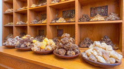 frankincense. Frankincense resin pieces arranged on wooden shelves in spice shop. menu design, packaging mockups, designed for culinary blogs and recipe cards for restaurants.