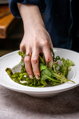 Hand Plating Fresh Green Salad On Plate