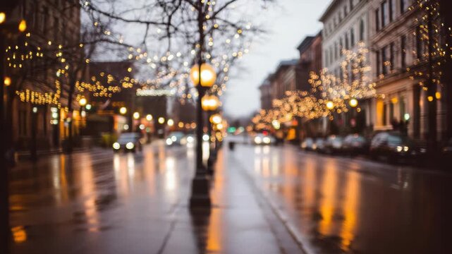 Cozy wet city street at dusk with string light reflections and warm evening bokeh