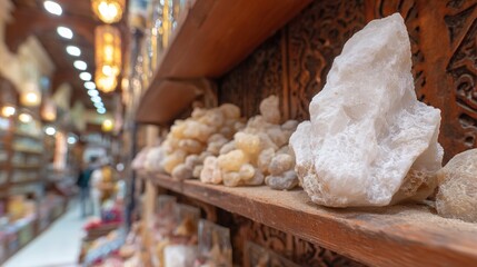 frankincense. Frankincense resin pieces arranged on wooden shelves in spice shop. menu design, packaging mockups, designed for culinary blogs and recipe cards for restaurants.