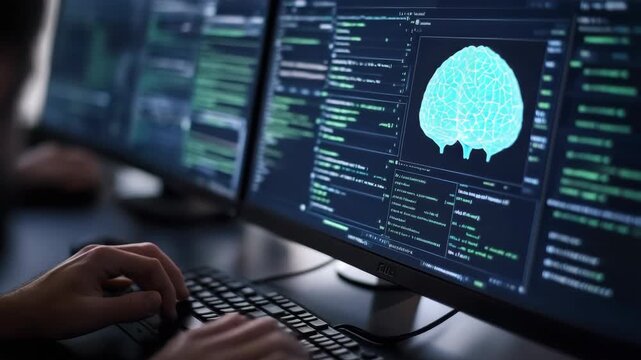 Digital brain visualization dual monitor workstation with keyboard glowing terminal coding neural