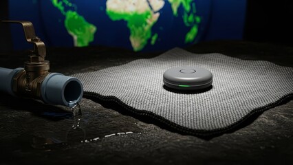 Dripping pipe smart sensor on fabric against globe backdrop