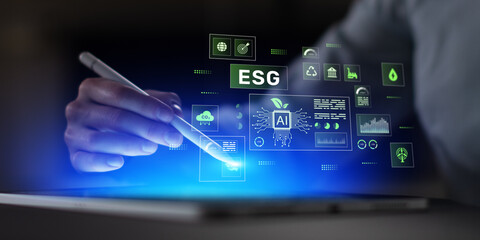 Fototapeta premium ESG Sustainable Management Interface With AI-Driven Environmental Analytics Displayed on a Digital Tablet.