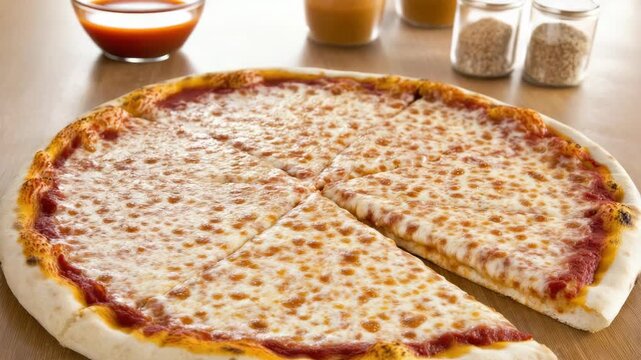 Cheesy thin crust pizza slice wooden table with melted mozzarella and tomato sauce, slice of pizza