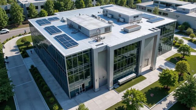Aerial view of modern data center building with solar panels on roof