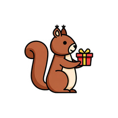 Squirrel holding a wrapped gift.